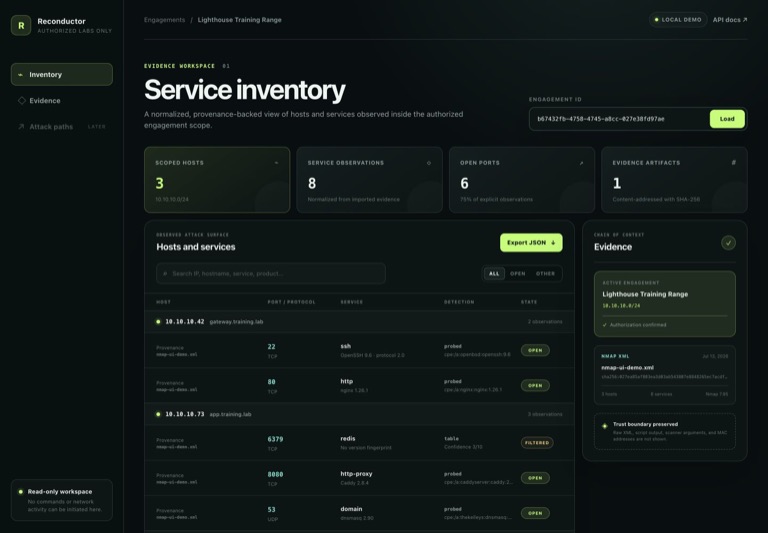 Reconductor read-only service inventory showing synthetic scoped hosts, normalized services, and evidence provenance.
