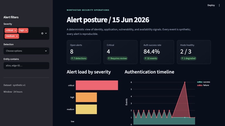 Dark security operations dashboard showing synthetic alert posture metrics, severity distribution, and authentication activity.