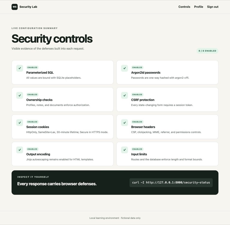 Web security status page showing eight enabled application controls.